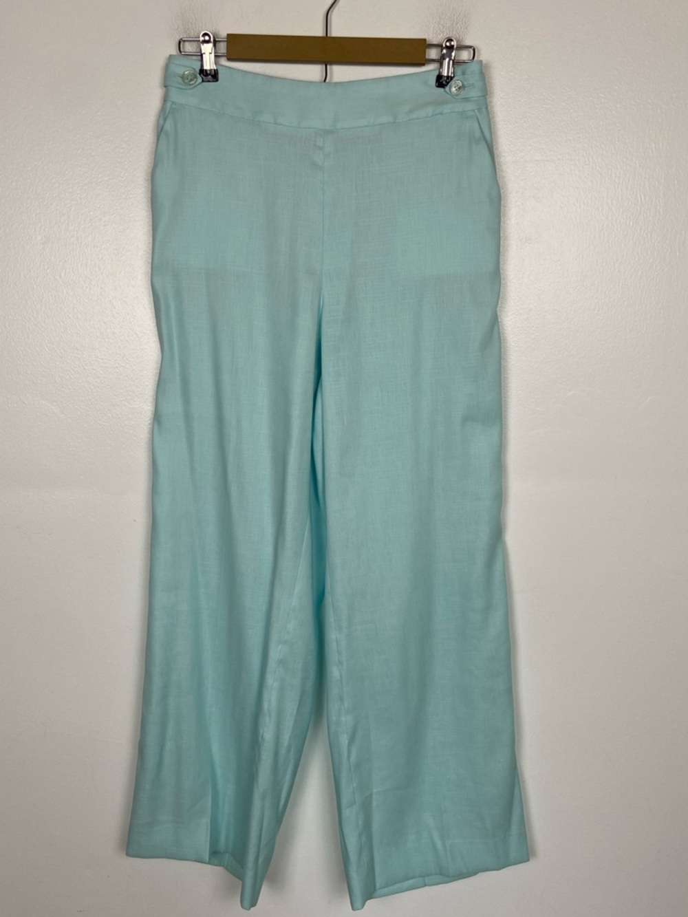 Talbots Linen Blend Trouser Wide Legs Pants Sz 8 Coastal Green High Rise Pockets